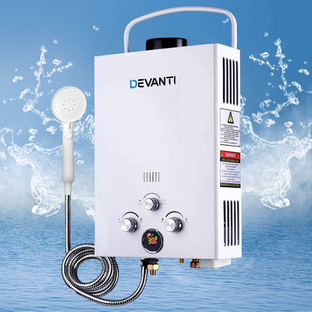 Devanti Portable Gas Hot Water Heater Outdoor Camping Shower 12V Pump White